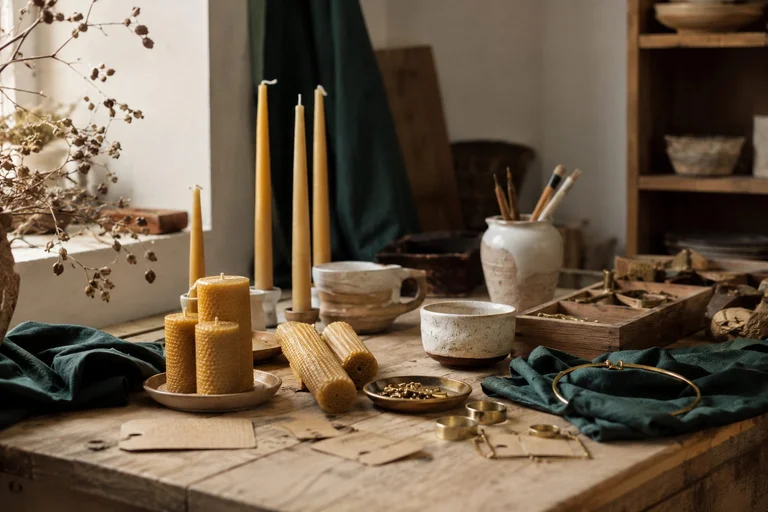 Atelier de créatrice : bougies, céramiques et objets en laiton posés sur un plan de travail en bois